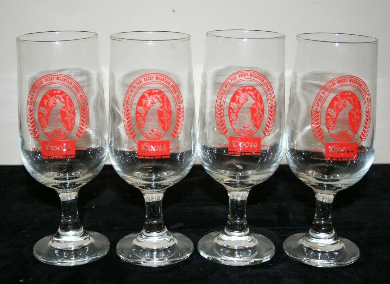 SET OF 4 COORS BEER GLASSES GOBLETS STEMMED 7" Glass 10 oz Red Logo Orig Box