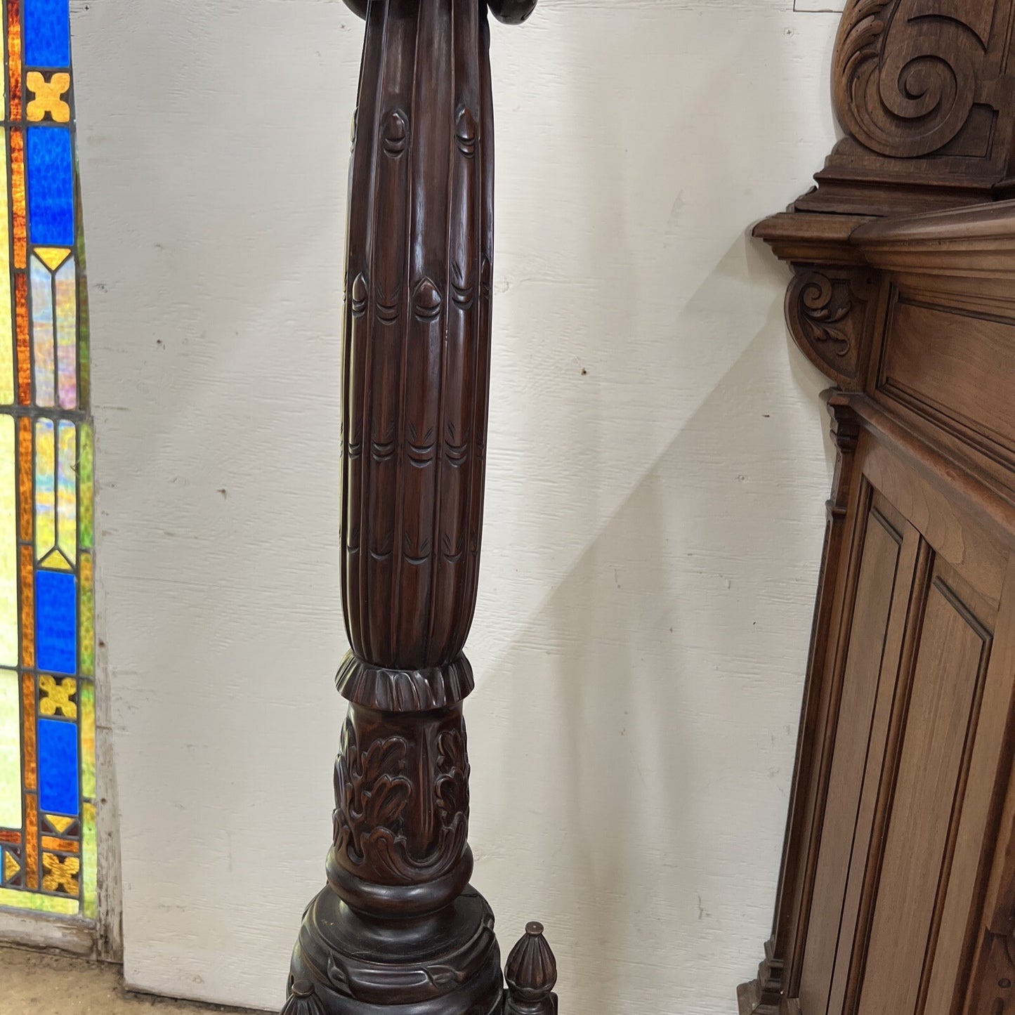 Pair of Classical Carved Mahogany Pedestal Plant Stands H 5 ft Scroll Base