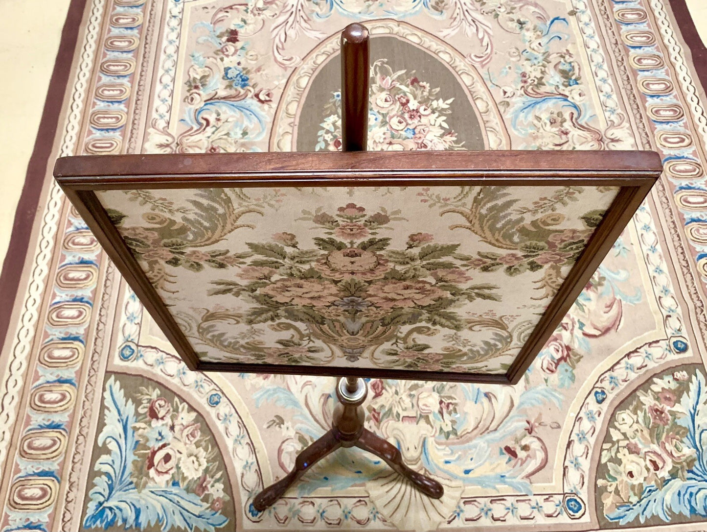 Antique Cherry Victorian Fire Pole Screen Stand w Tapestry