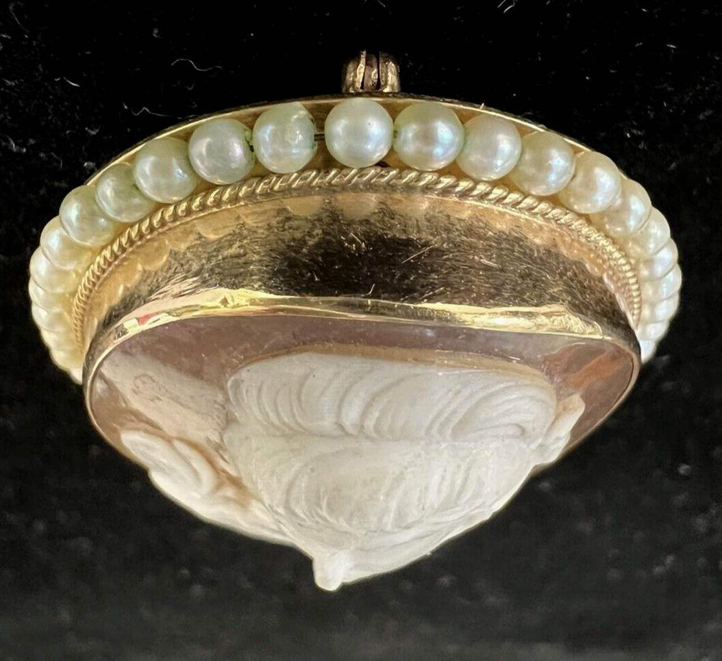 Victorian Shell Cameo Pendant Brooch 14K seed Pearls Full Face 1800's