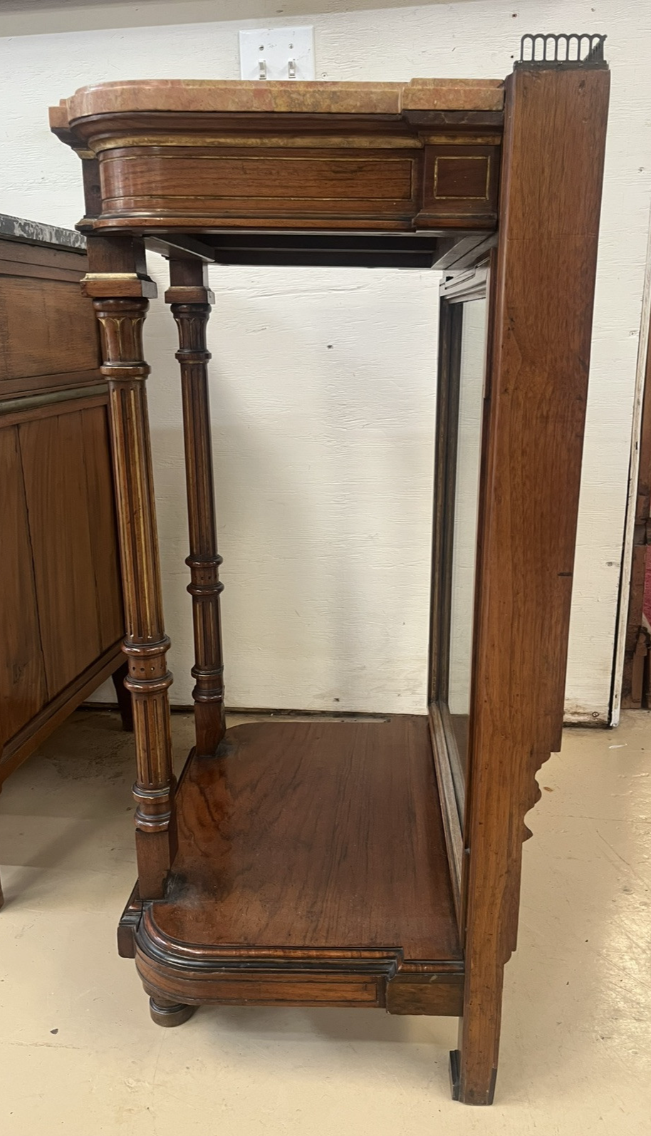 LOUIS XVI STYLE MARBLE-TOP MIRRORED ENTRYWAY PIER CONSOLE END TABLE