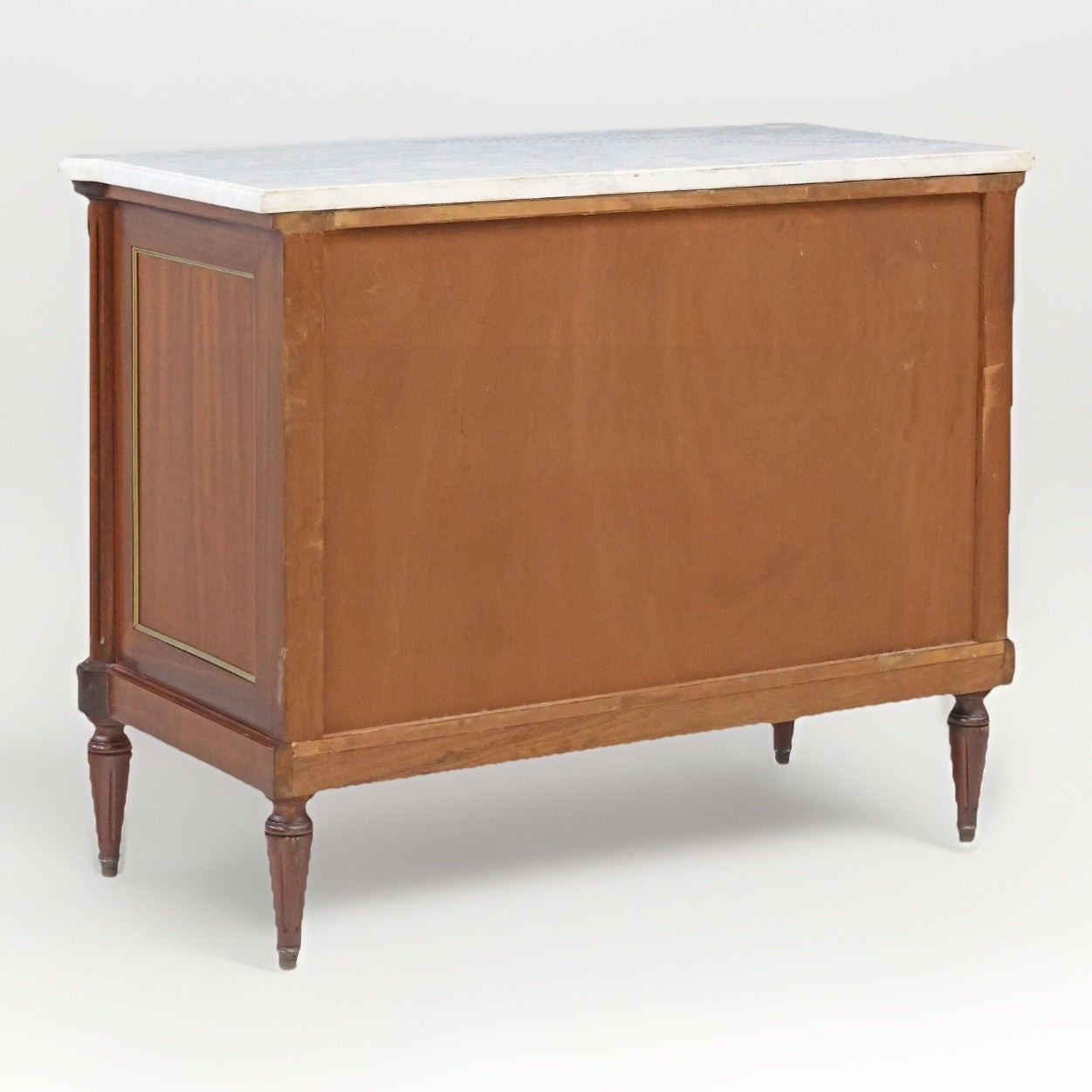 FRENCH LOUIS XVI WHITE MARBLE-TOP MAHOGANY 3-DRAWER COMMODE CHEST OF DRAWERS