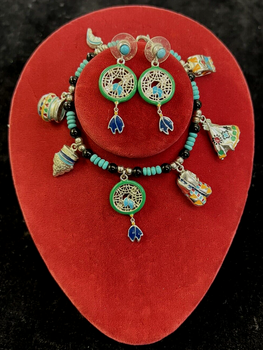 AMERICAN INDIAN CHARM BRACELET & Earrings W/ TEE-PEE, DREAM CATCHER, ARROW HEAD