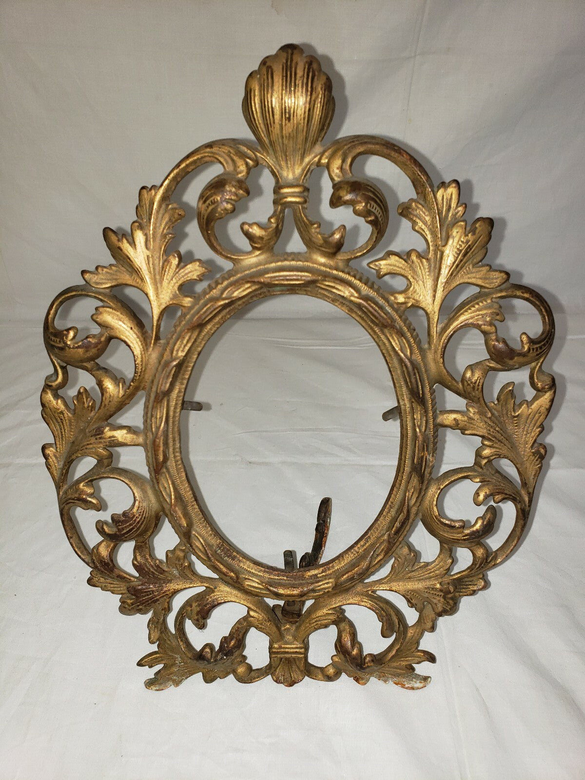 Antique Oval Gilt Cast Iron Tabletop Picture Frame  H 11" x W 8.5"  w Leg Rococo
