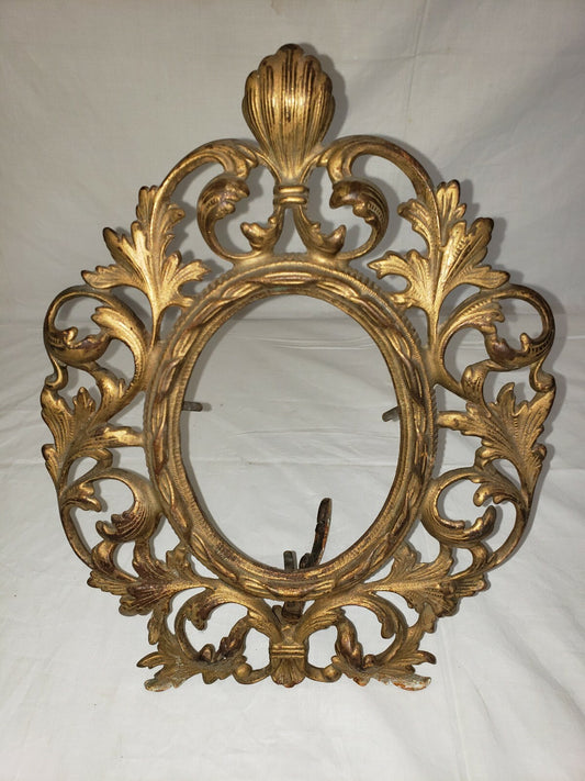 Antique Oval Gilt Cast Iron Tabletop Picture Frame  H 11" x W 8.5"  w Leg Rococo
