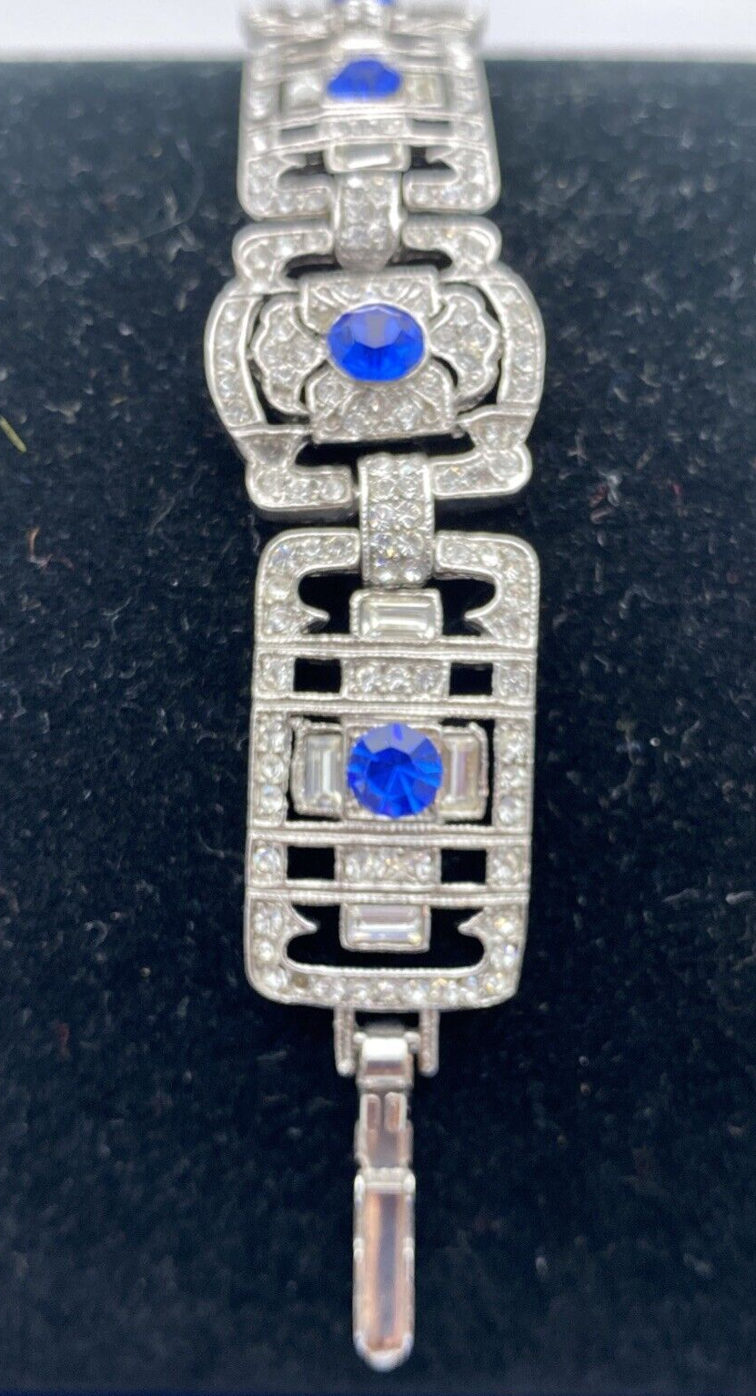 Vintage Rhinestone Link Bracelet 7 1/2" w Blue Stones
