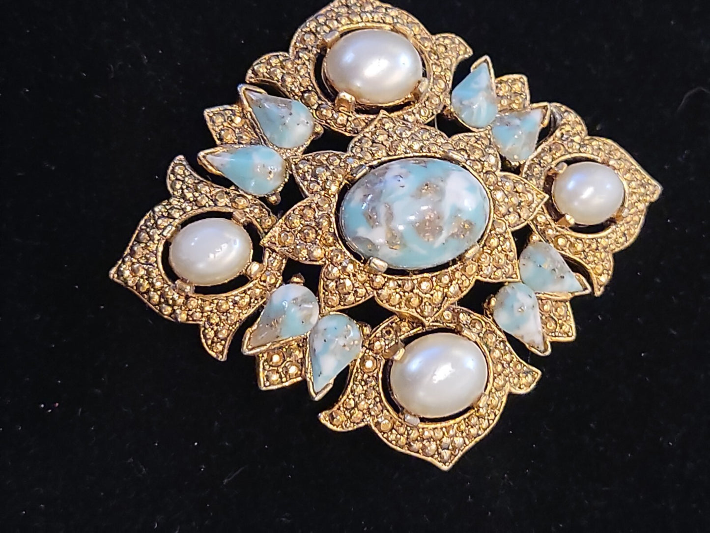 Vintage Sarah Coventry Faux Pearls & Turquoise Brooch Pin Pendant