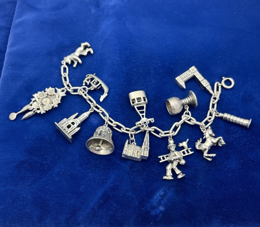 Vintage German 835 Sterling Silver Charm Bracelet  12 Charms 7 3/8 in Length