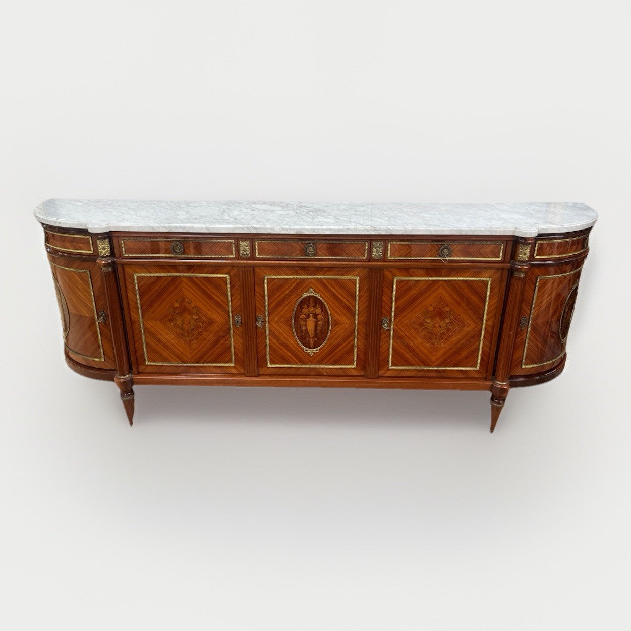 FRENCH LOUIS XVI MARBLE-TOP LACQUERED MARQUETRY DEMILUNE ENFILADE SIDEBOARD 105"