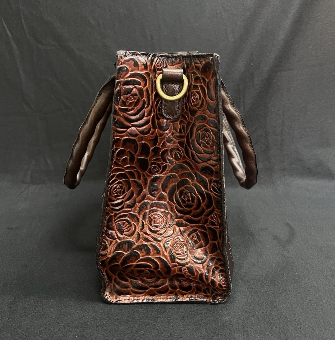 Patricia Nash Tooled Leather Brown Floral Tote Bag w/ Adjustable Strap 11.5"