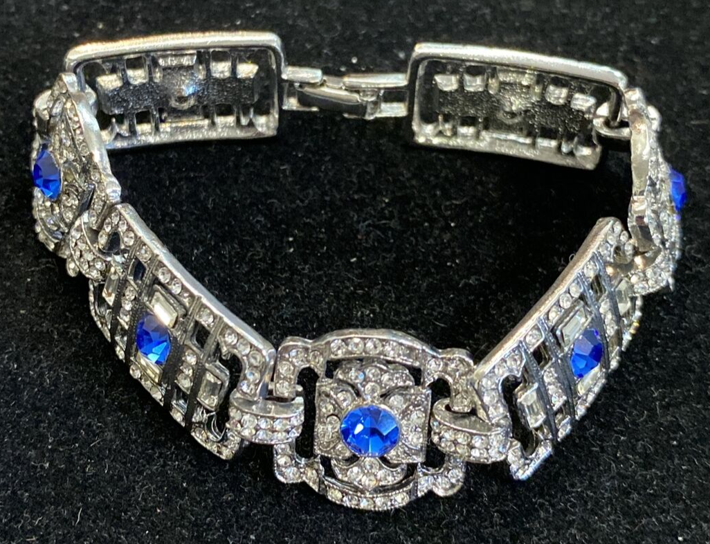 Vintage Rhinestone Link Bracelet 7 1/2" w Blue Stones