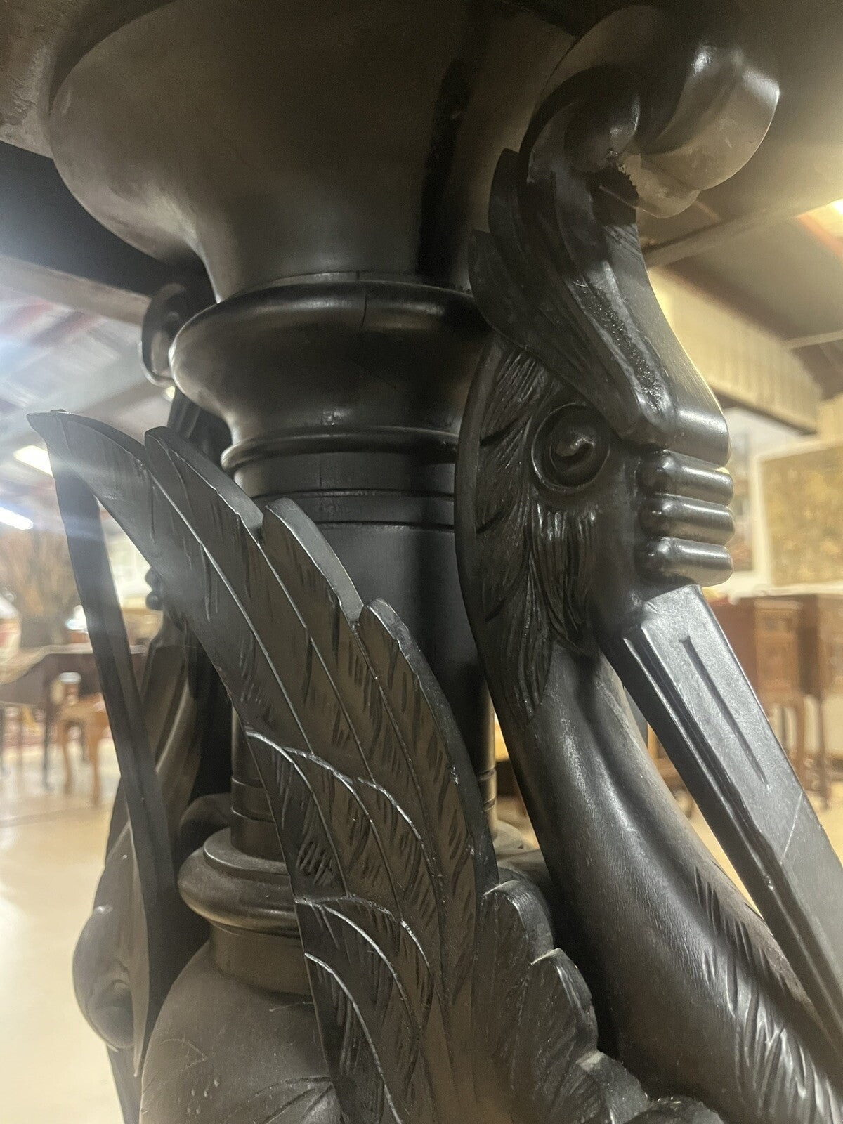 Antique Ebonized Black Wood Pedestal Plant Stand 2 Cranes FS16