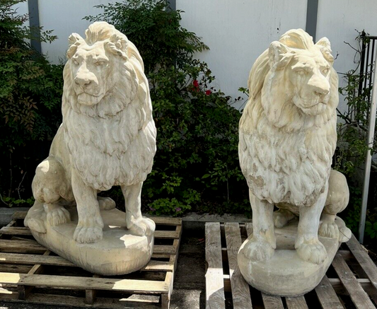 Full Size Large Pair of Belgian Cast Stone Entry Seated Lions Entrance Driveway