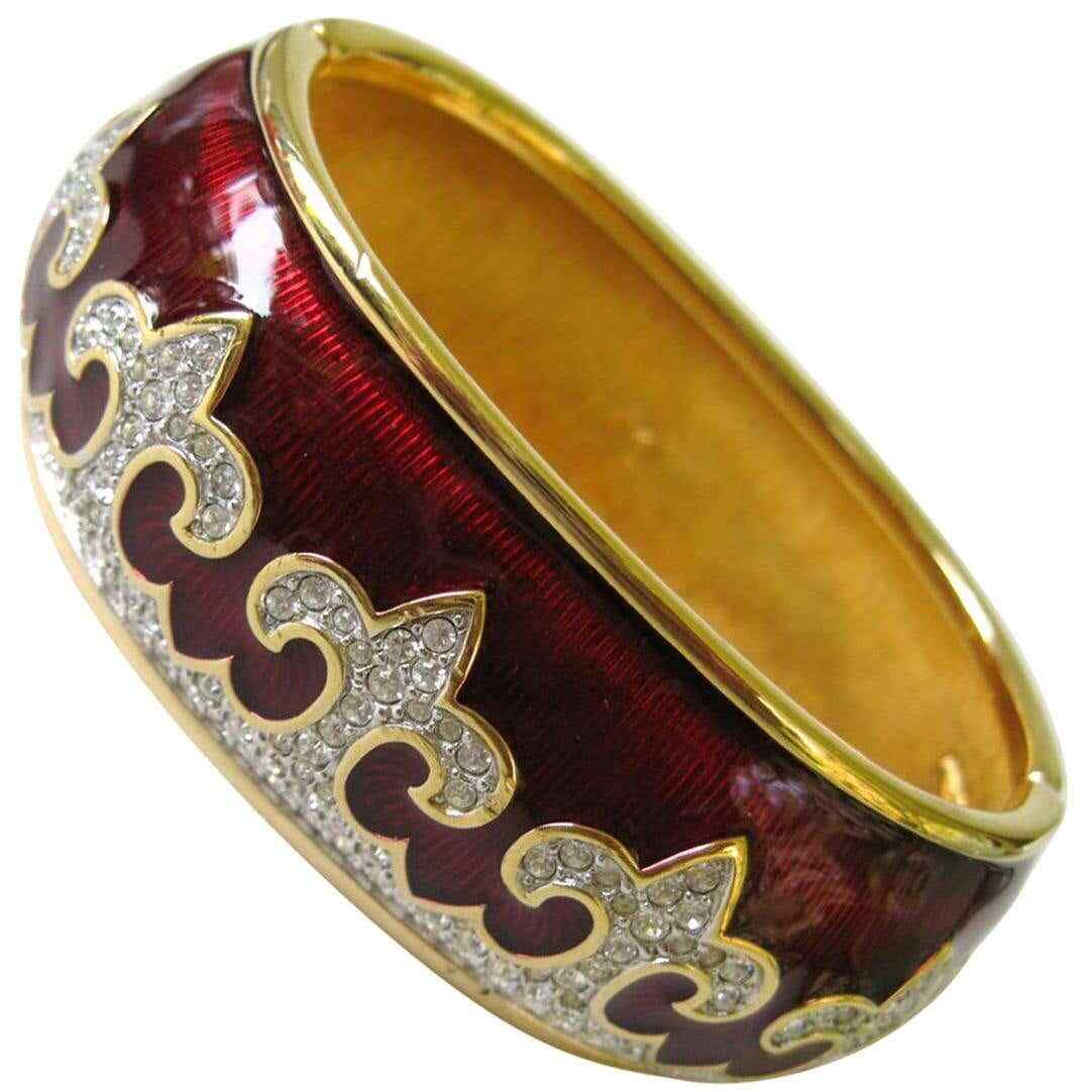Swarovski Red Enamel Crystal Fleur De Lys Hinged Bracelet 1980s Guilloche $795