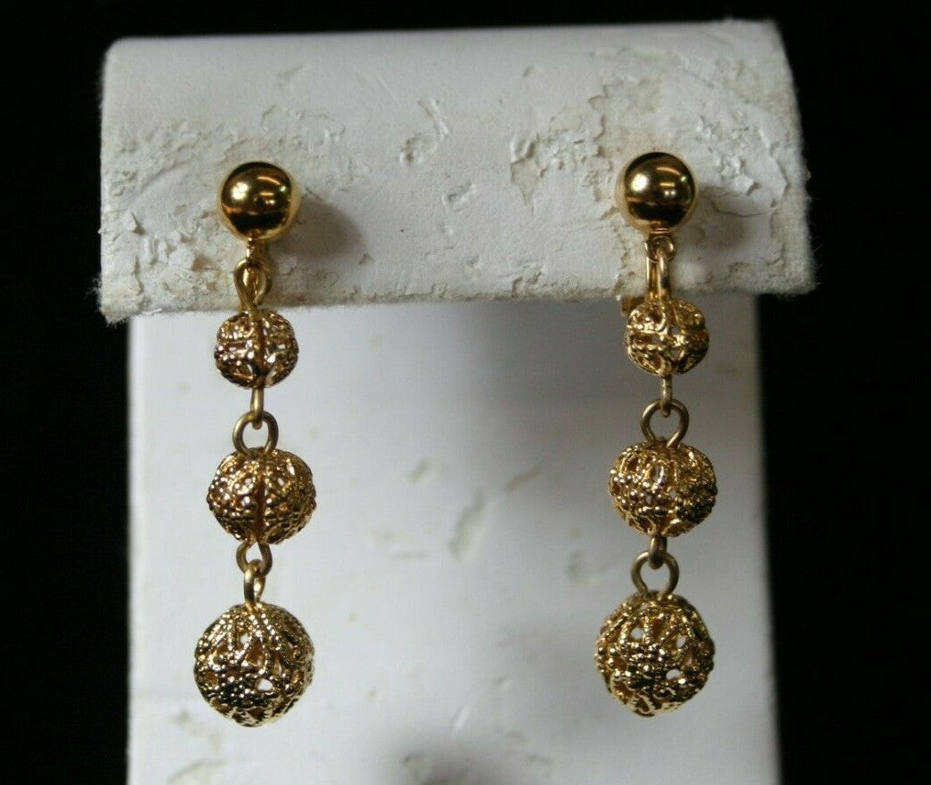 Two Pair  Vintage Trifari Gold Plated Clip Earrings Filigree Hoop & Dangles