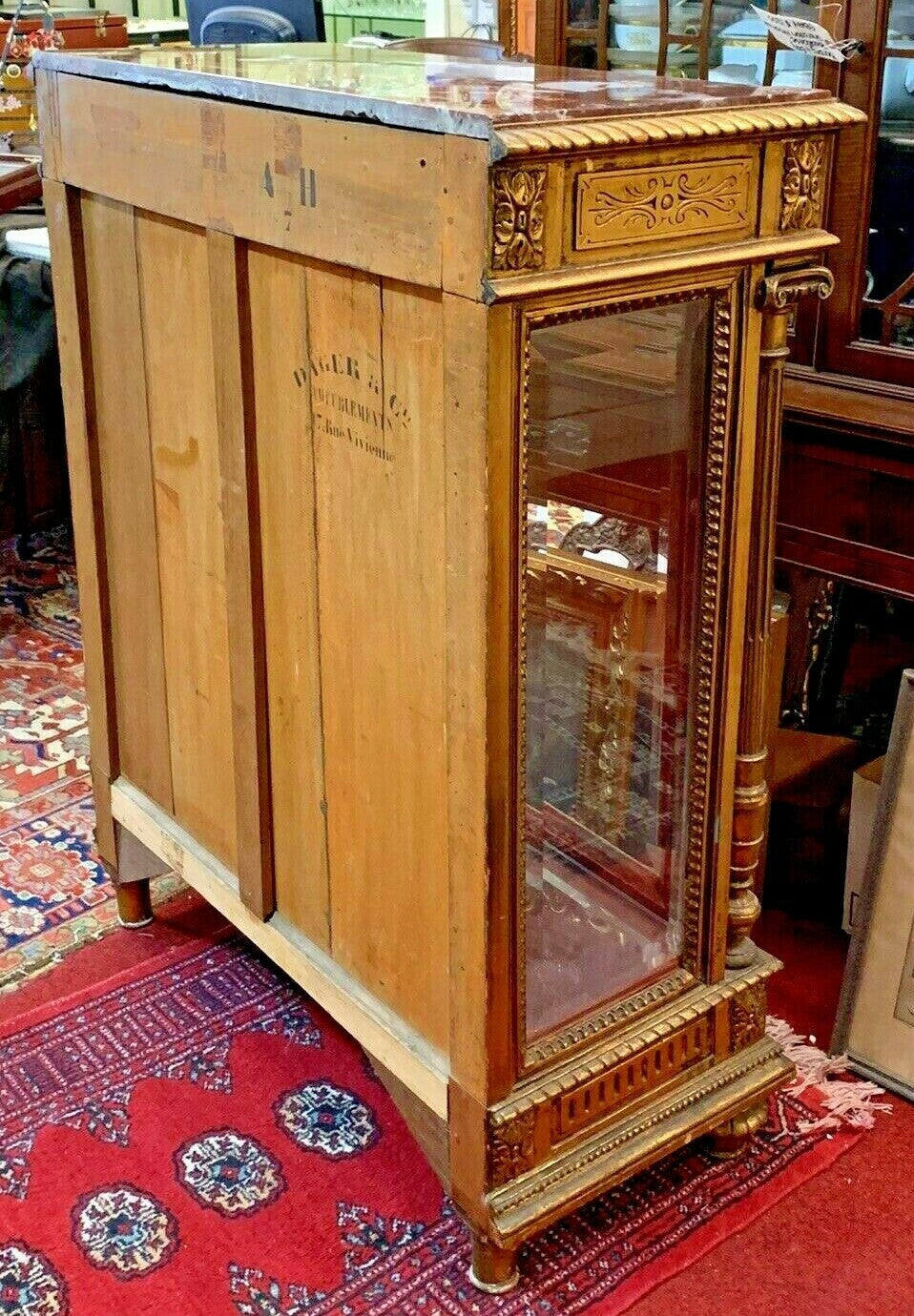 Antique French Gold Gilt Marble Top Vitrine Glass Door and Sides Display Shelves