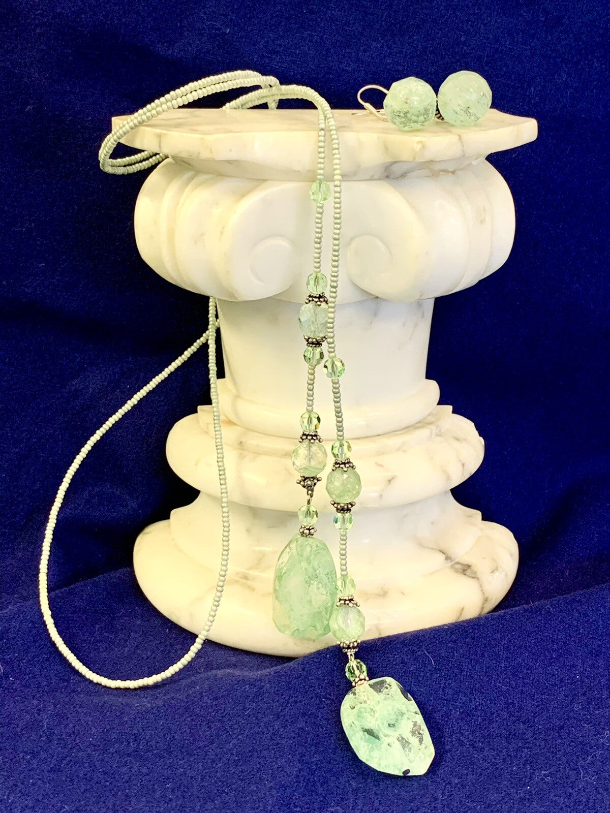 Glass Beaded 46" Mint Green Lariat Necklace & Earring Set Never Worn Great Gift