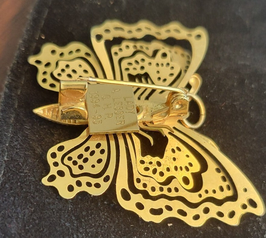 Gold Plated Butterfly Brooch Pin  Pendant Engraved Lady A. LESSER G.H.P. 1994-95