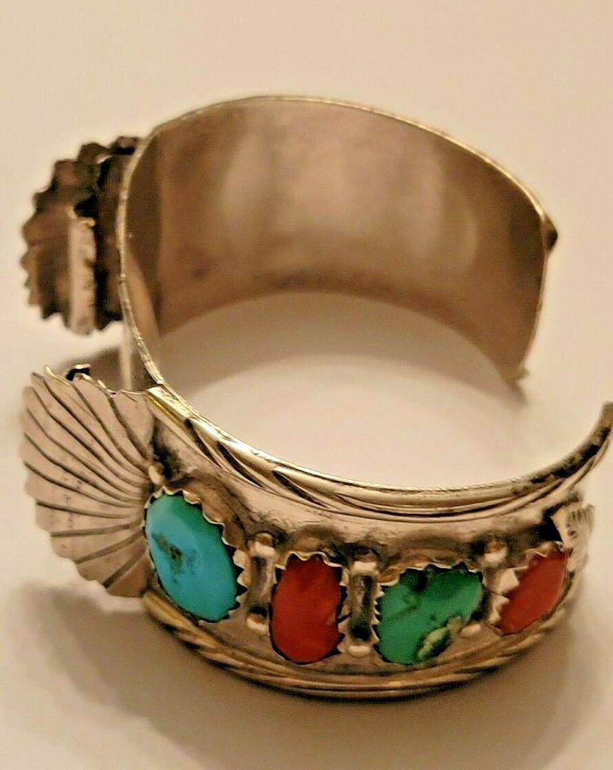Sterling Silver Turquoise & Coral Watch Cuff by Zuni Artist Marvelyne Cheama 56g