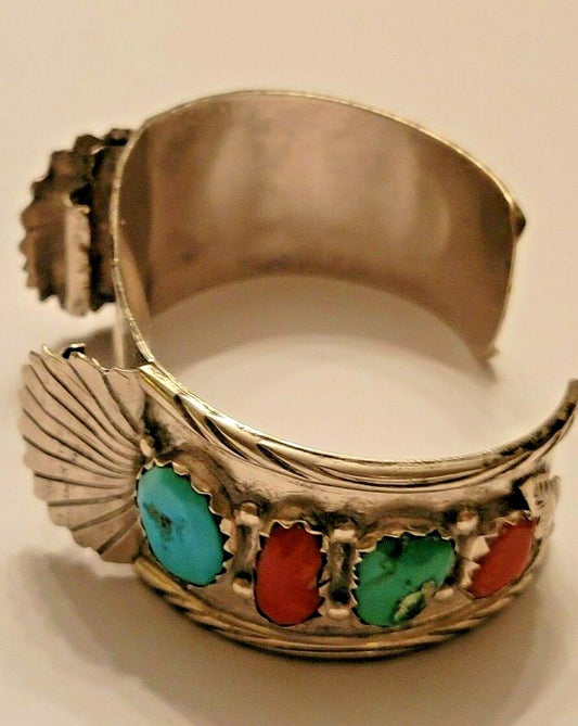 Sterling Silver Turquoise & Coral Watch Cuff by Zuni Artist Marvelyne Cheama 56g