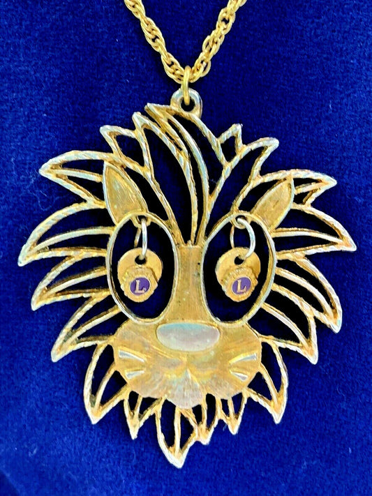 Vintage LION'S CLUB Lion Head LARGE Figural PENDANT Necklace signed HH