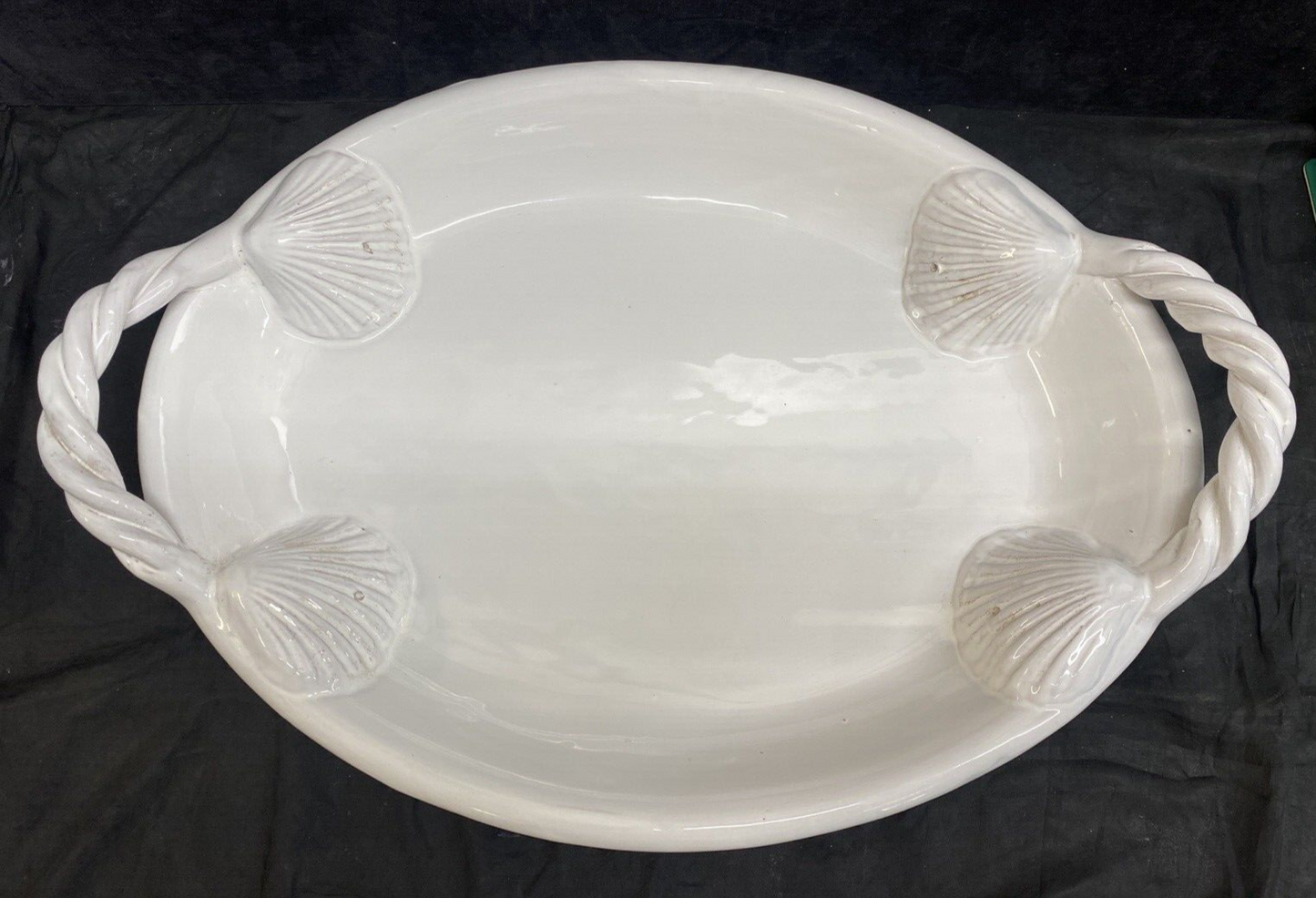 Large White Unmarked Seashell Rope Handle Serving Platter 57/60 Italy