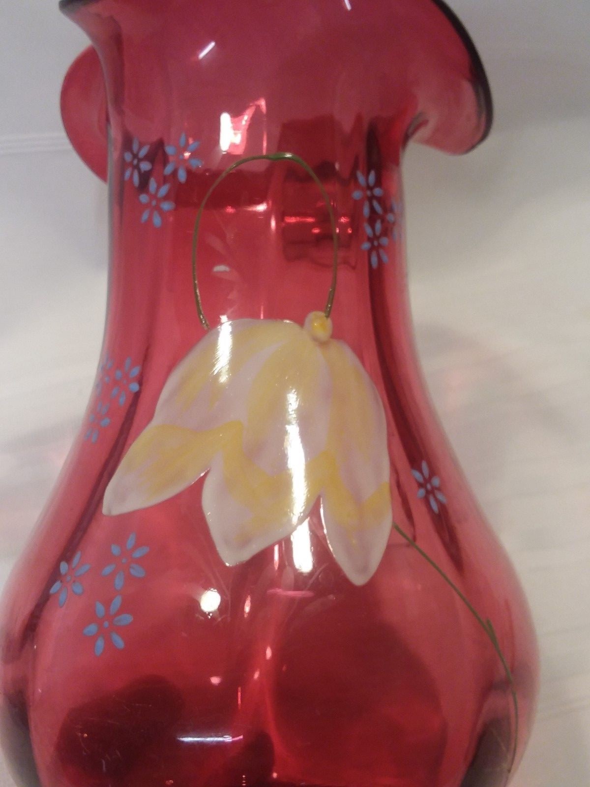 Antique Victorian  Cranberry Glass 9.5" Pitcher  Enameled w Yellow Tulip 100+yrs