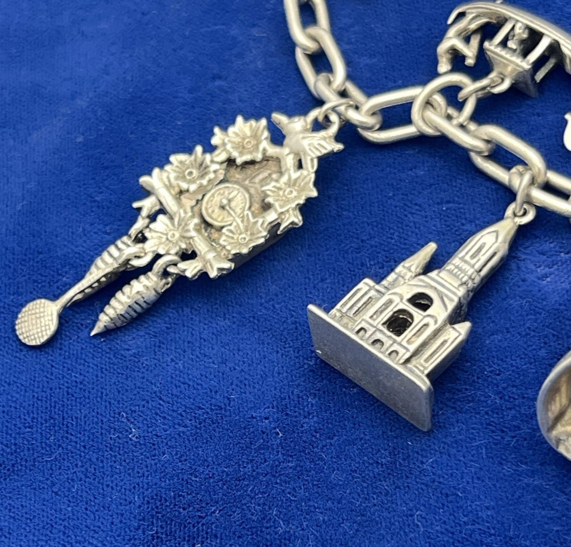 Vintage German 835 Sterling Silver Charm Bracelet  12 Charms 7 3/8 in Length