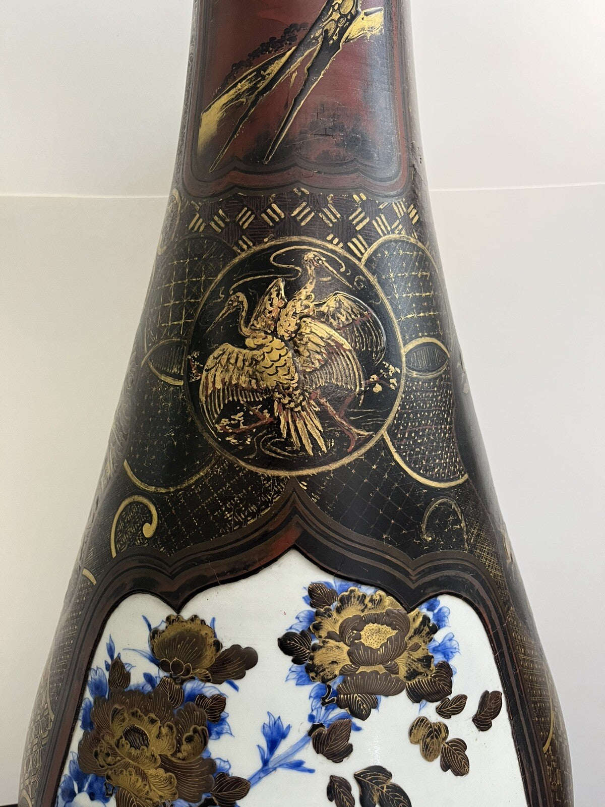 41" IMPRESSIVE MEIJI JAPANESE LACQUER COATED PORCELAIN PALACE VASE  FS1