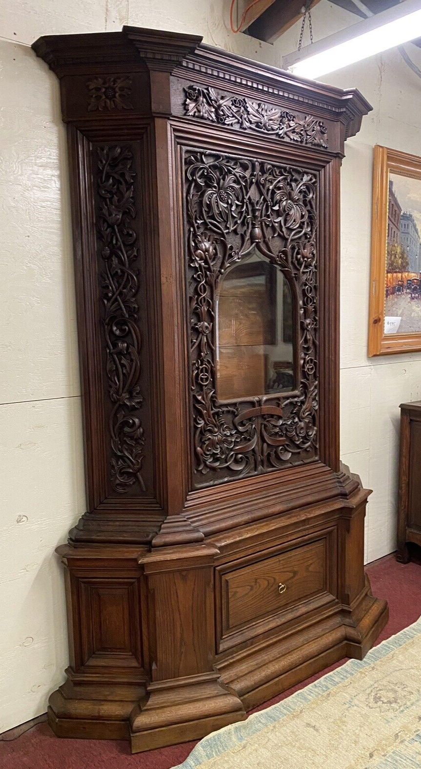 ANTIQUE GUN CABINET BLACK FOREST HEAVILY CARVED OAK DISPLAY 96.5" NBA OWNERS