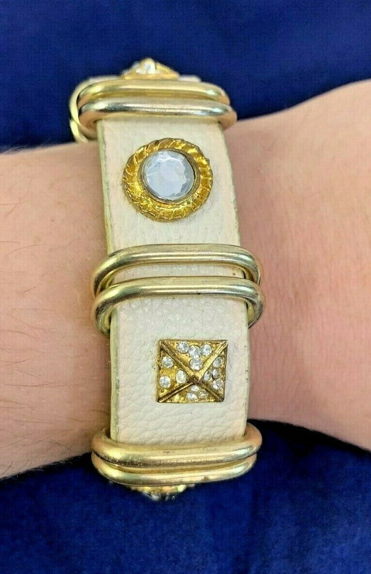 Yik Fung Genuine Leather Clear Rhinestone Studded Gold Tone Snap Bracelet