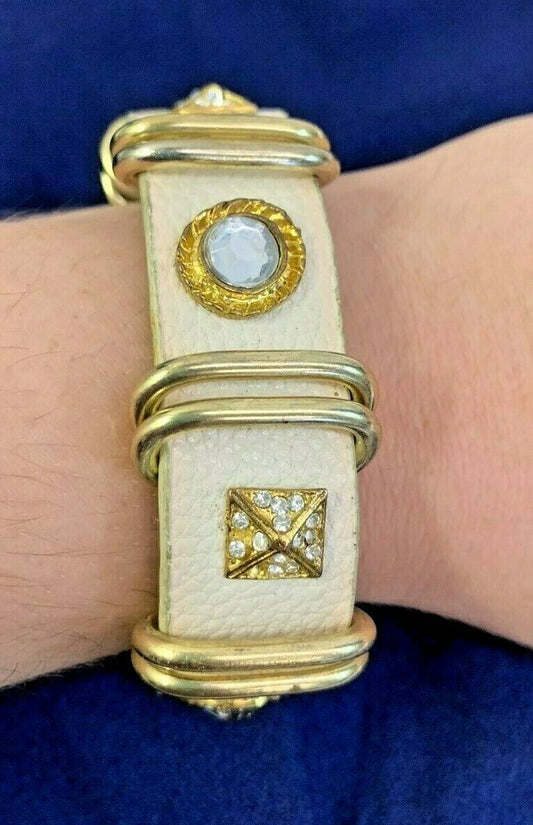 Yik Fung Genuine Leather Clear Rhinestone Studded Gold Tone Snap Bracelet