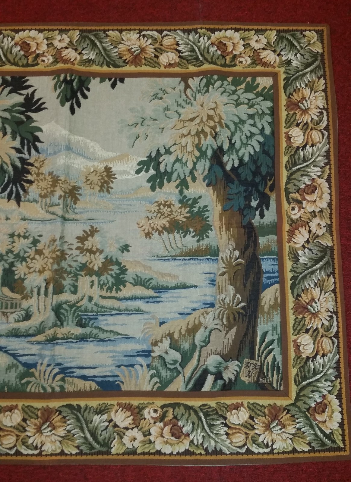 Tapestry Landscape with Bridge 35"x45" Foret de Marly Hunting Ground of Fr Kings
