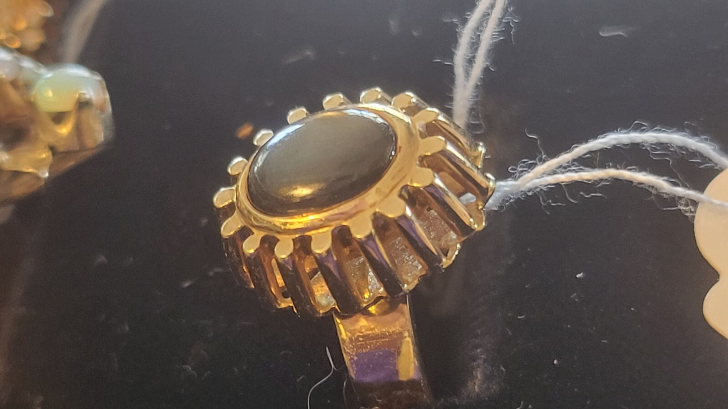 Vintage MCM 14k Yellow Gold Ring PMC Natural Black Cat Eye Gem 6.4 G Size 6.5