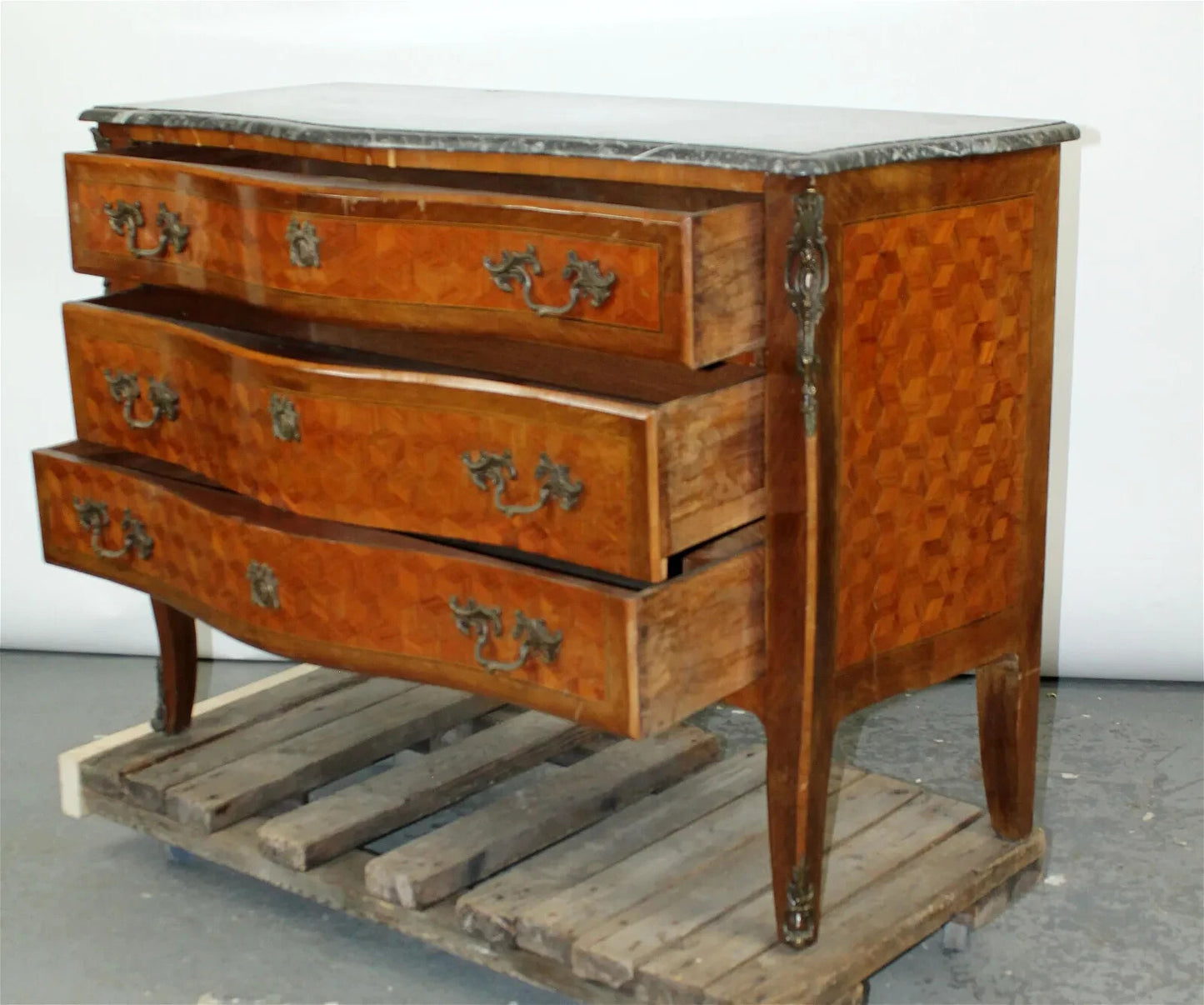 Antique French Louis XV Commode Chest of Drawers Marble Top Marquetry Pattern