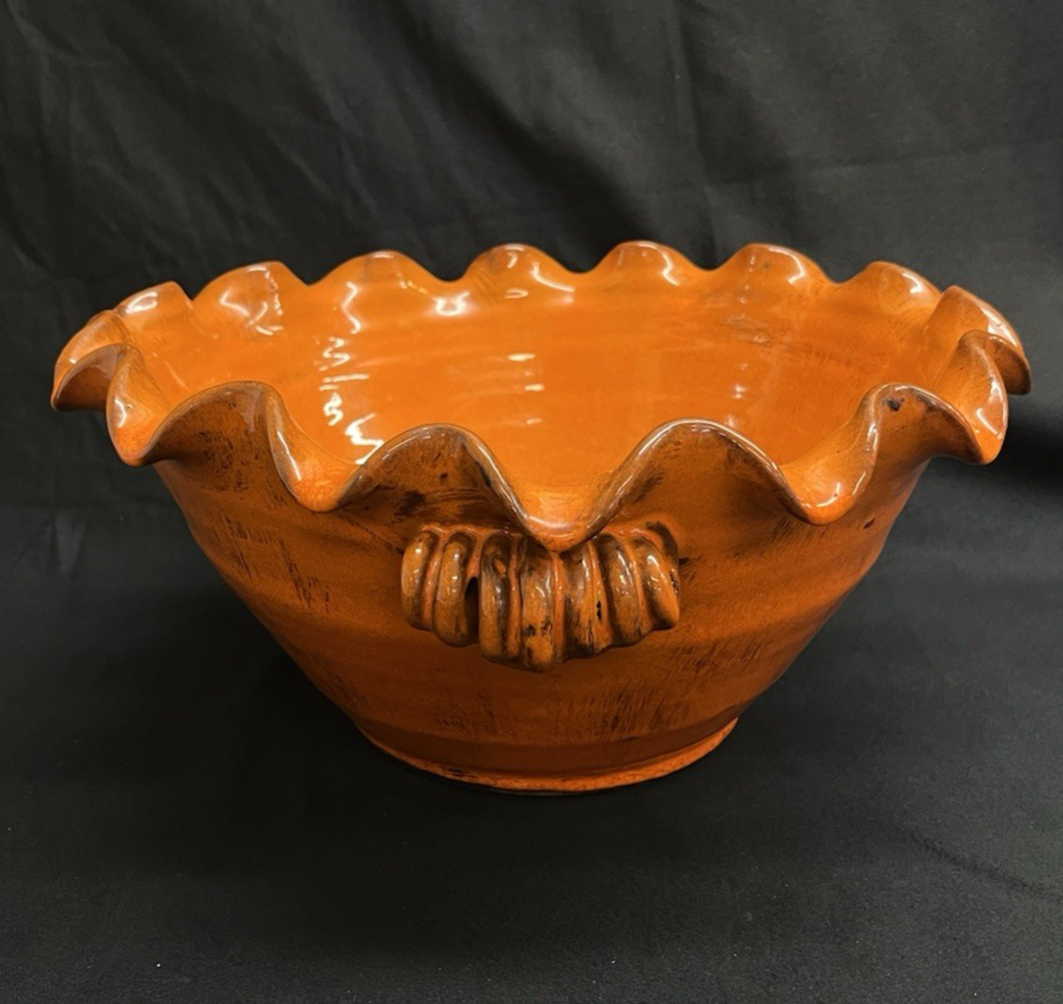 Large Stoneware Orange Glazed Ruffled Bowl w/ Handles 14.5"