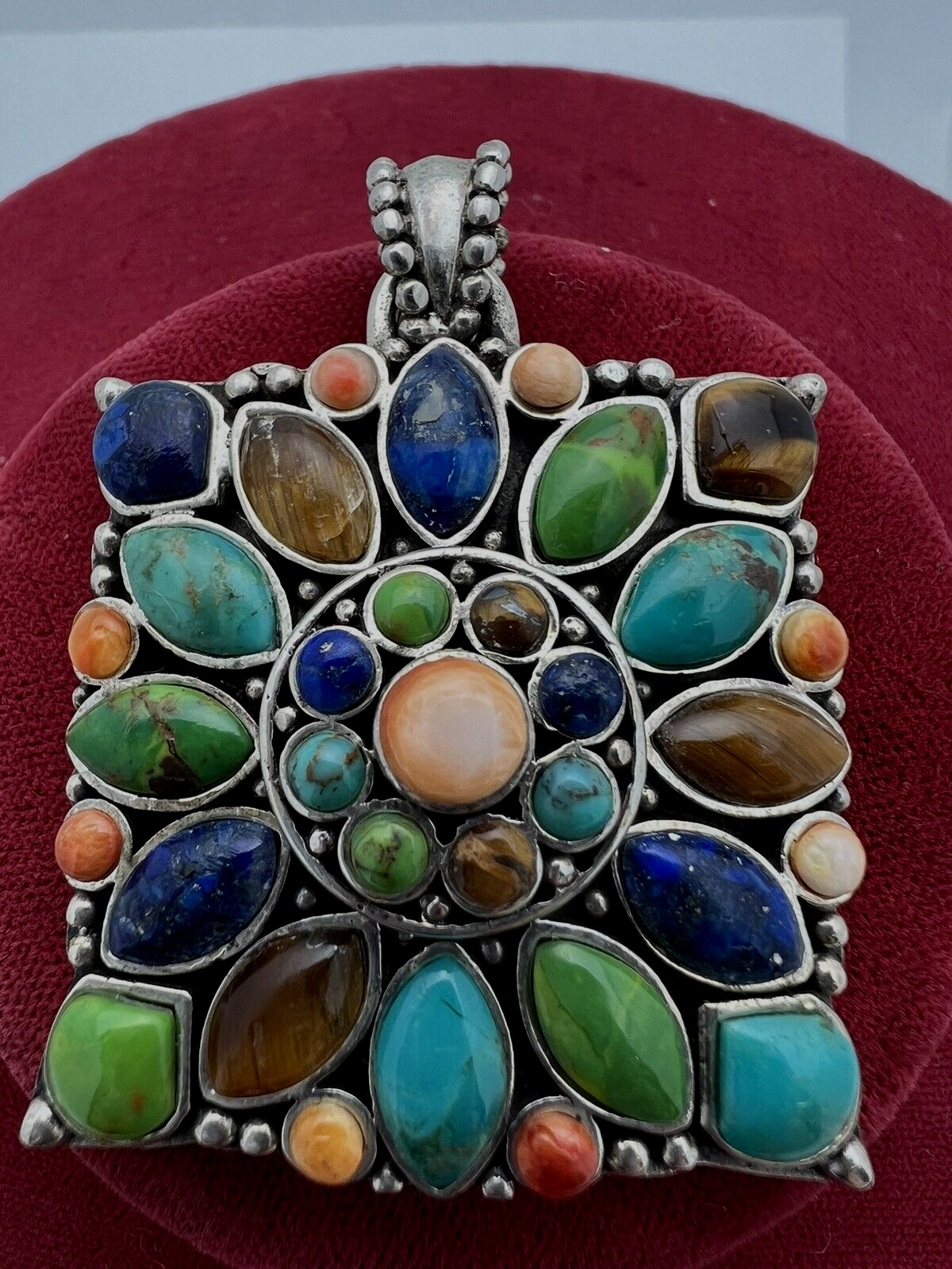 Multi Stone Blossom Pendant 925 SS Lapis Lazuli, Coral , Turquoise, Don Lucas
