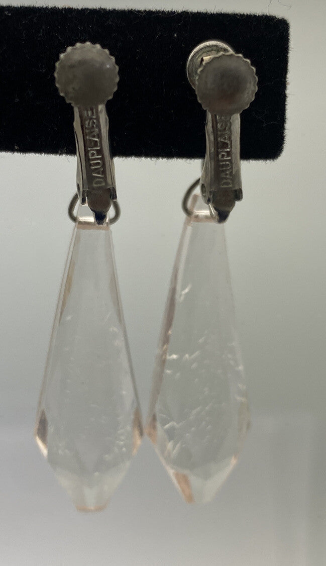 Carol Dauplaise Silver Button Crystal Dangle Screw back Earrings Vintage