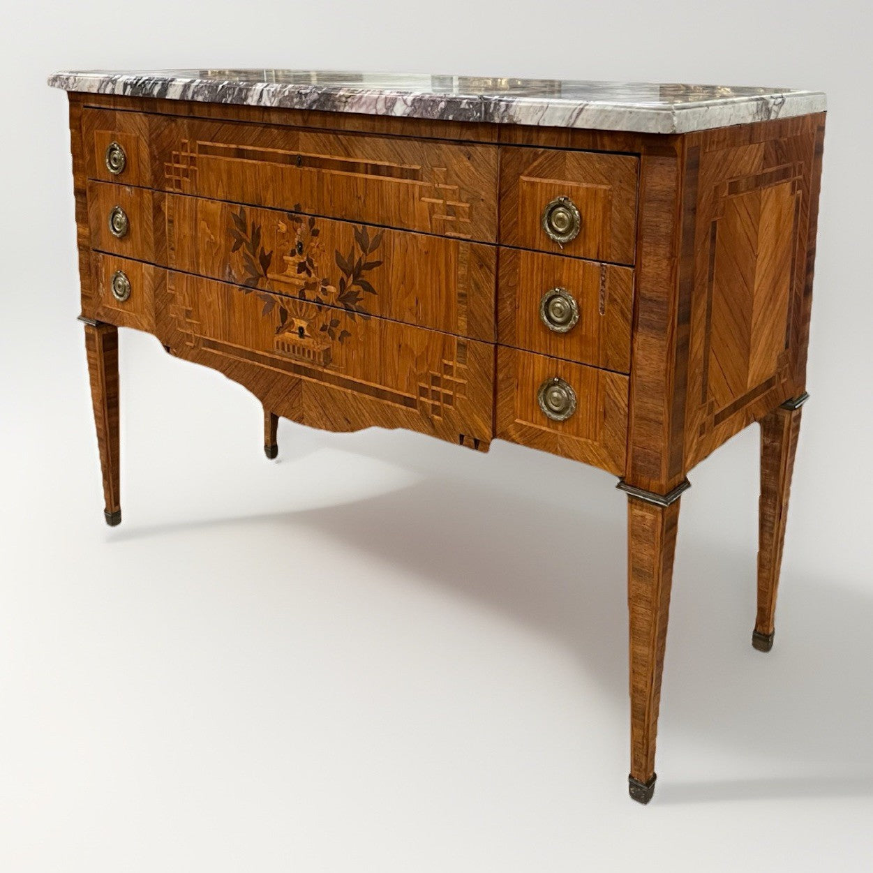 ANTIQUE FRENCH LOUIS XVI MARBLE-TOP INLAID MARQUETRY COMMODE CHEST OF DRAWERS