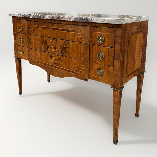 ANTIQUE FRENCH LOUIS XVI MARBLE-TOP INLAID MARQUETRY COMMODE CHEST OF DRAWERS