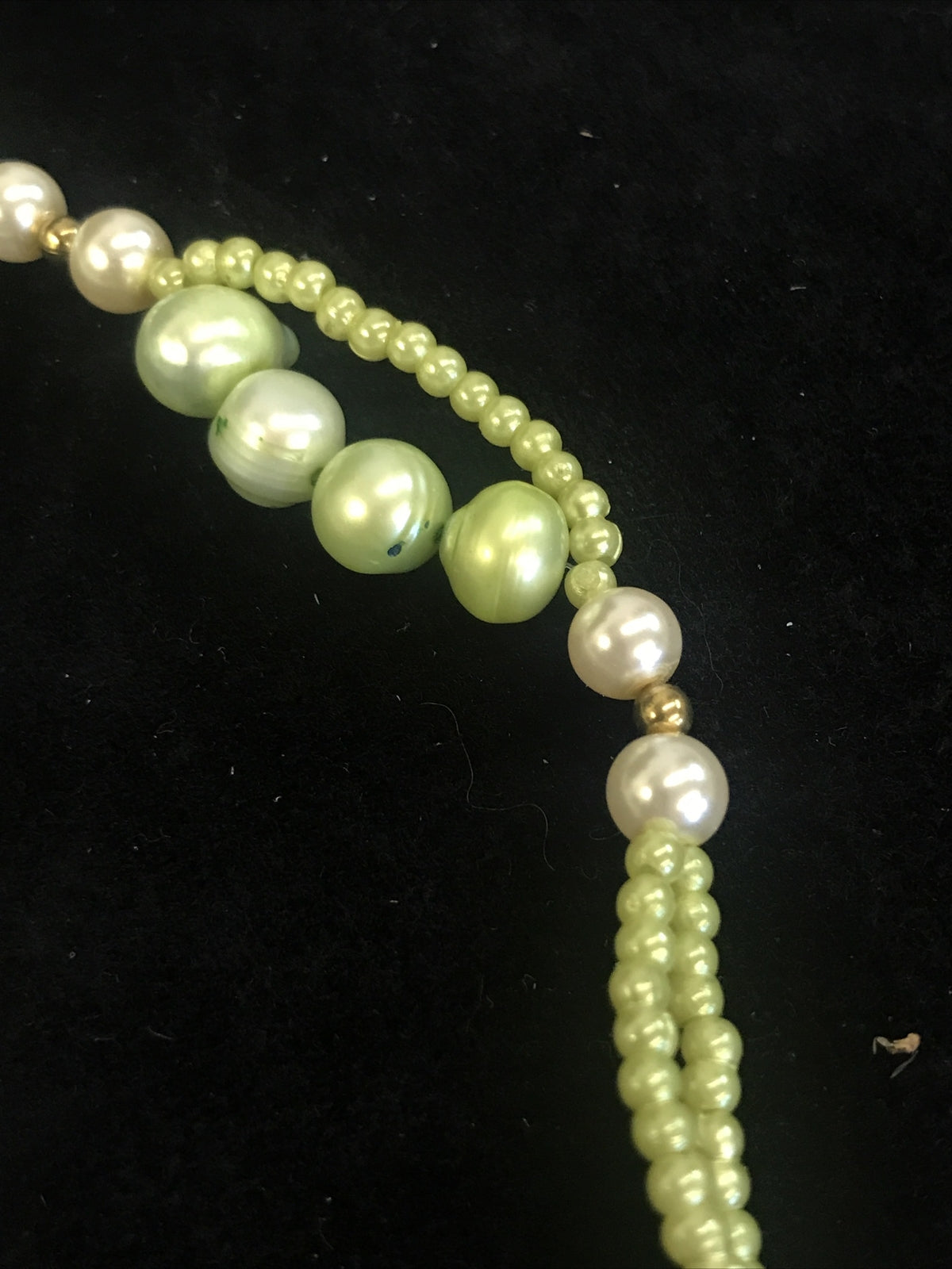 Vintage Genuine Green Freshwater Pearl Necklace with 3 Leaf Enamel Pendant