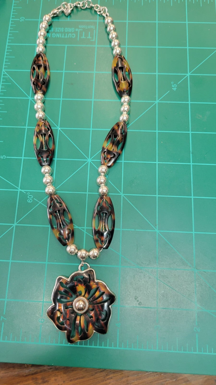 BRIGHTON Faux Tortoise & Silver Tone Beads Necklace Flower Pendant