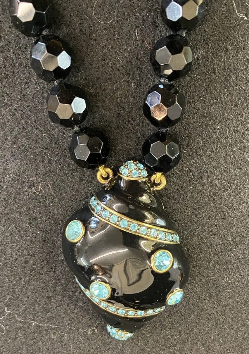 Heidi Daus Black Enamel Aqua Rhinestone Seashell Pendant Necklace