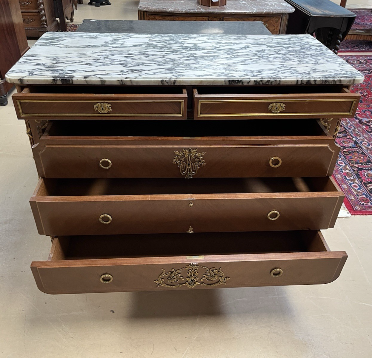 ANTIQUE FRENCH TRANSITIONAL BRONZE ORMOLU MOUNTED WHITE MARBLE-TOP COMMODE CHEST