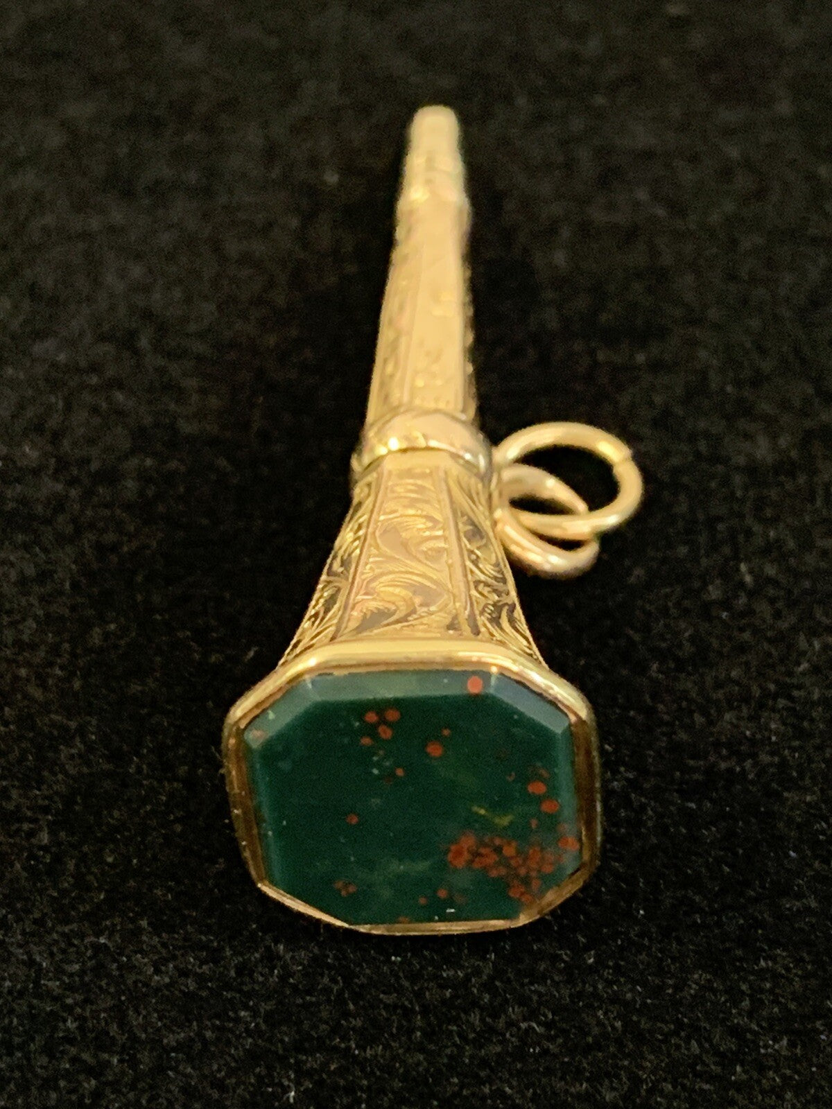 Antique Victorian Bloodstone Watch Key  Yellow Gold Beautiful Chasing Work