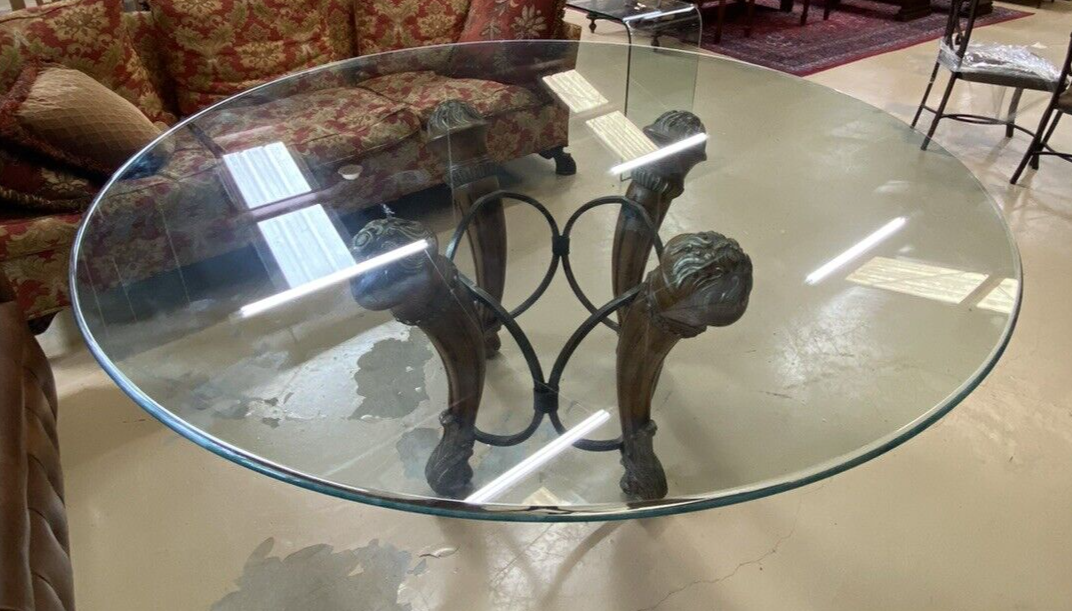 68" Round LARGE CONTEMPORARY GLASS-TOP Dining TABLE 4wood Carved & Iron Supports