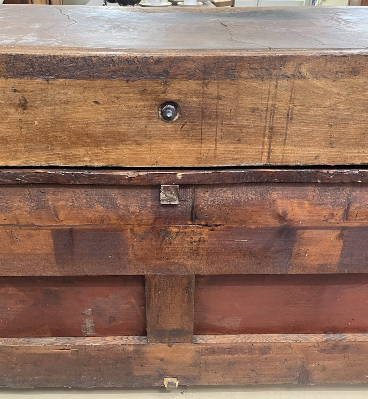 ANTIQUE FRENCH CARVED MIXED WOOD BUTCHER'S BLOCK WORK TABLE ISLAND 61" x 21"