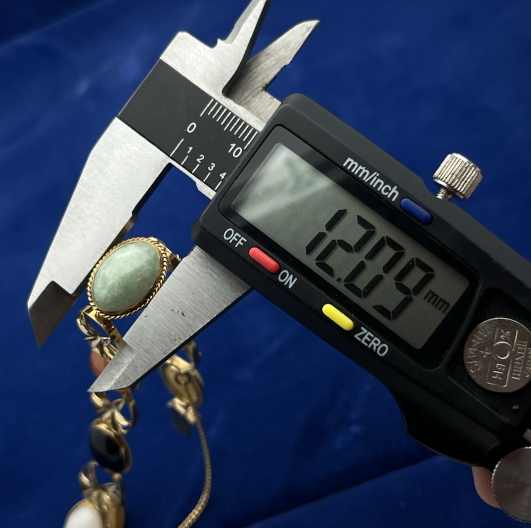 14K Yellow Gold Floral Six Multi Color Oval Cabochon Jade Bracelet 8 in