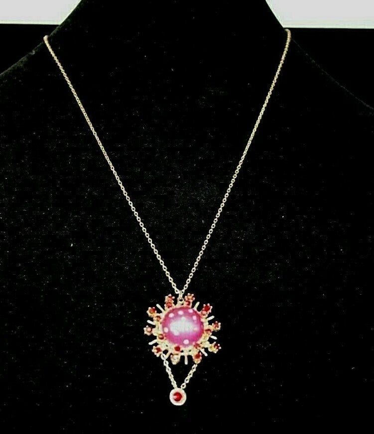 Vtg Celestial Moon and Stars Pendant Faux Amethyst Cabochon w Rhinestones Rubies
