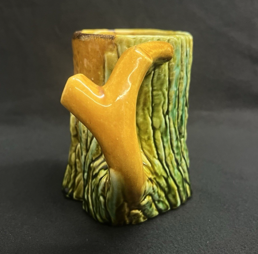 Antique Majolica Tree Trunk Textured Brown and Green Mug 4.5"